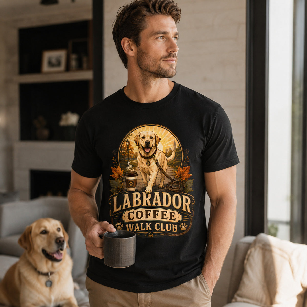 Man wearing a black Labrador Coffee Walk Club t-shirt at home with a Labrador