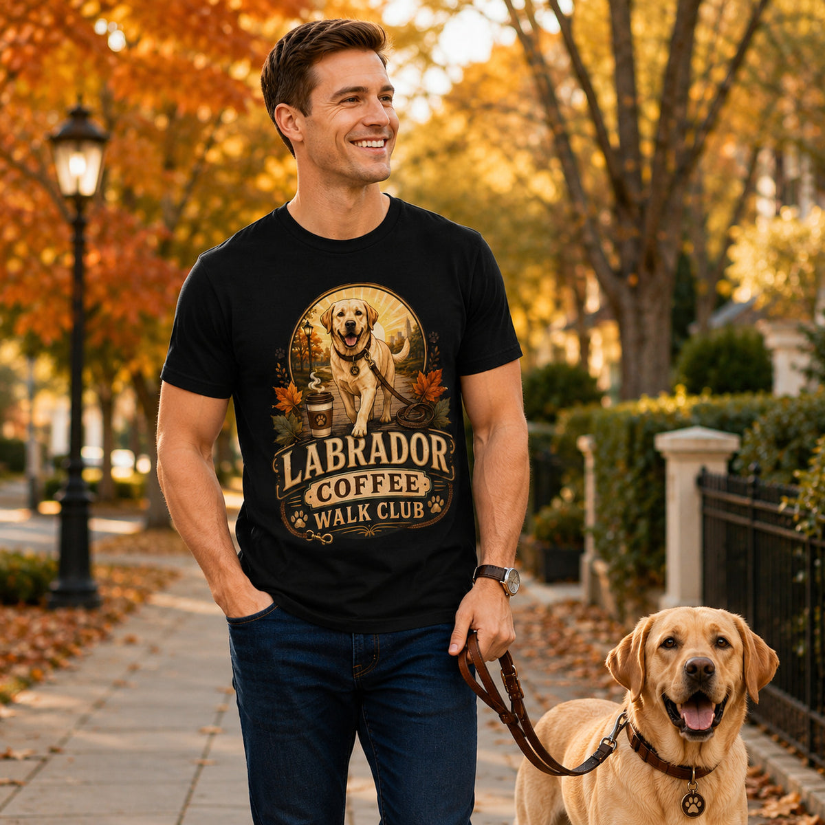 Man wearing a black Labrador Coffee Walk Club t-shirt walking a Labrador in an autumn park