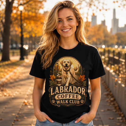 Woman wearing a black Labrador Coffee Walk Club t-shirt with a Labrador in an autumn outdoor scene