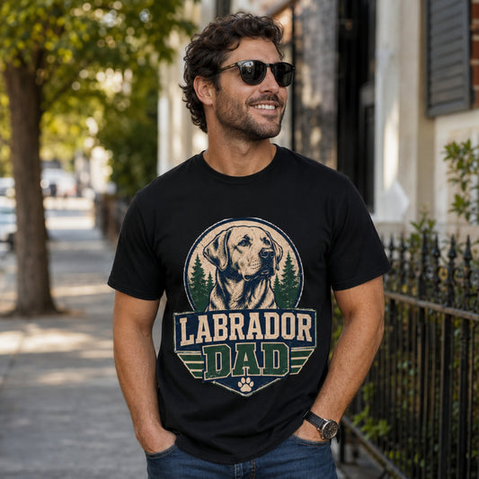 Man wearing a black “Labrador Dad” T-shirt on a city sidewalk in a casual outdoor lifestyle scene.