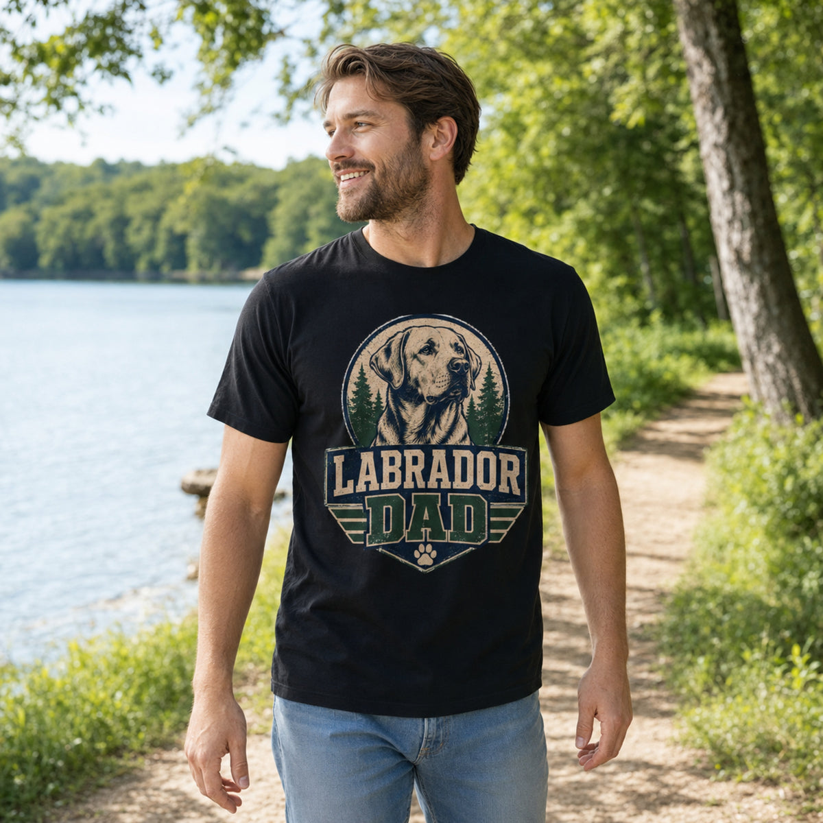 Man wearing a black “Labrador Dad” T-shirt while walking near a lake in an outdoor lifestyle setting.