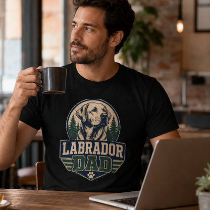 Man wearing a black “Labrador Dad” T-shirt while holding coffee beside a laptop indoors.