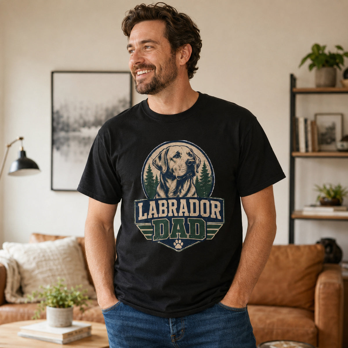 Man wearing a black “Labrador Dad” T-shirt in a relaxed living room casual lifestyle scene.
