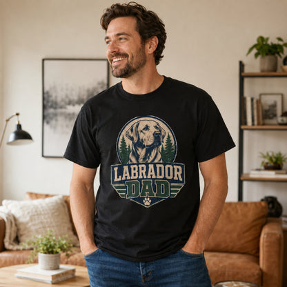 Man wearing a black “Labrador Dad” T-shirt in a relaxed living room casual lifestyle scene.