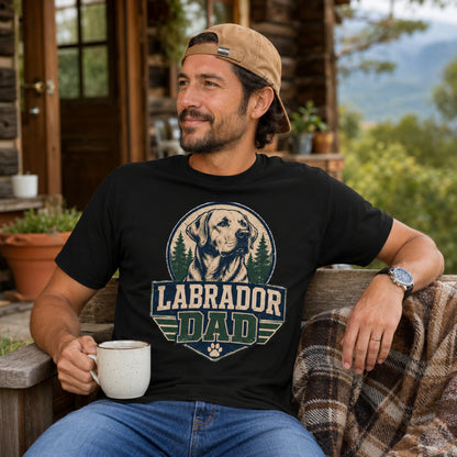 Man wearing a black “Labrador Dad” T-shirt sitting on a porch with a coffee mug.