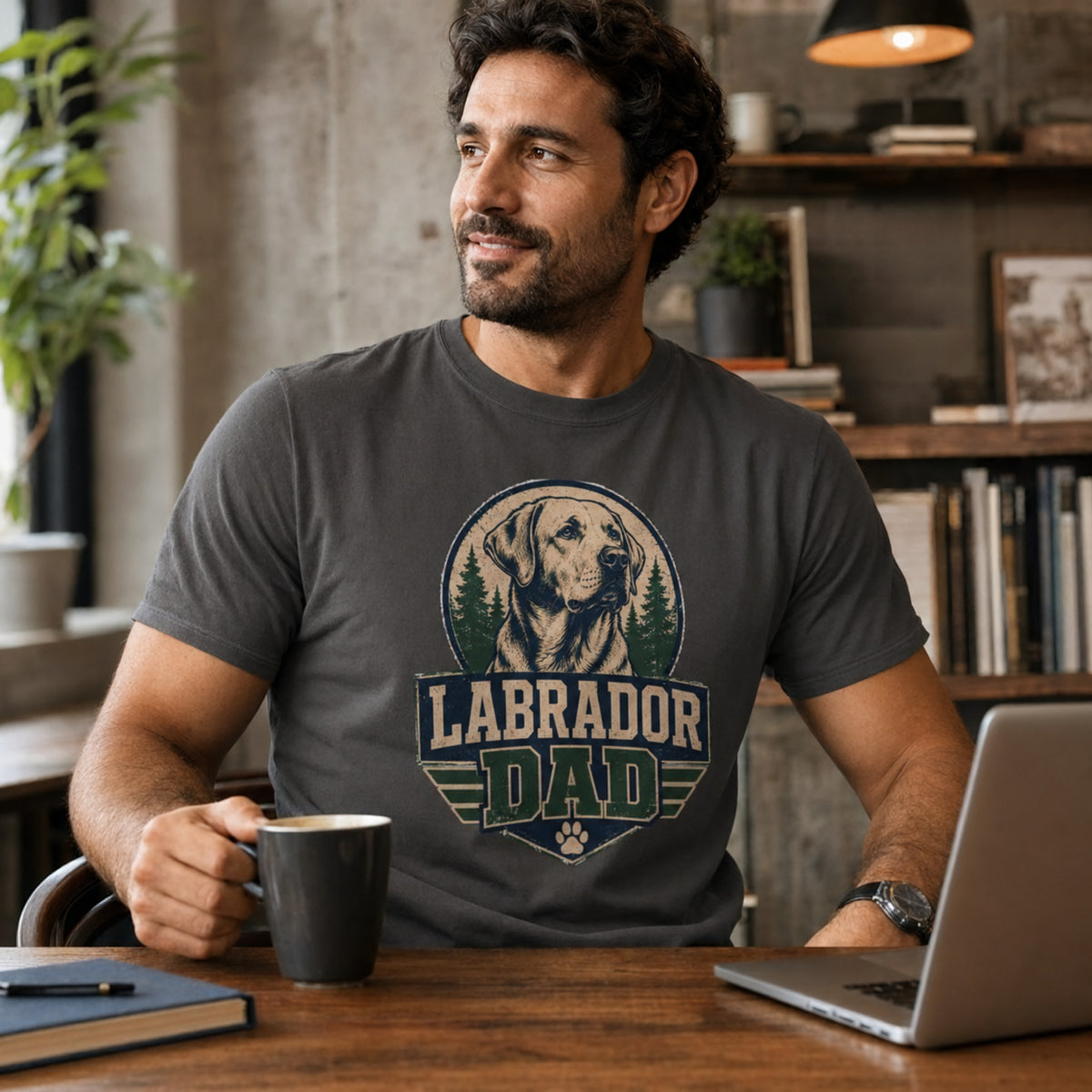 Man wearing a graphite “Labrador Dad” T-shirt while seated at a desk with coffee and a laptop.