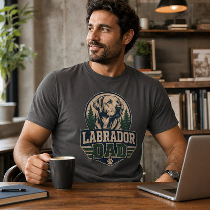Man wearing a graphite “Labrador Dad” T-shirt while seated at a desk with coffee and a laptop.