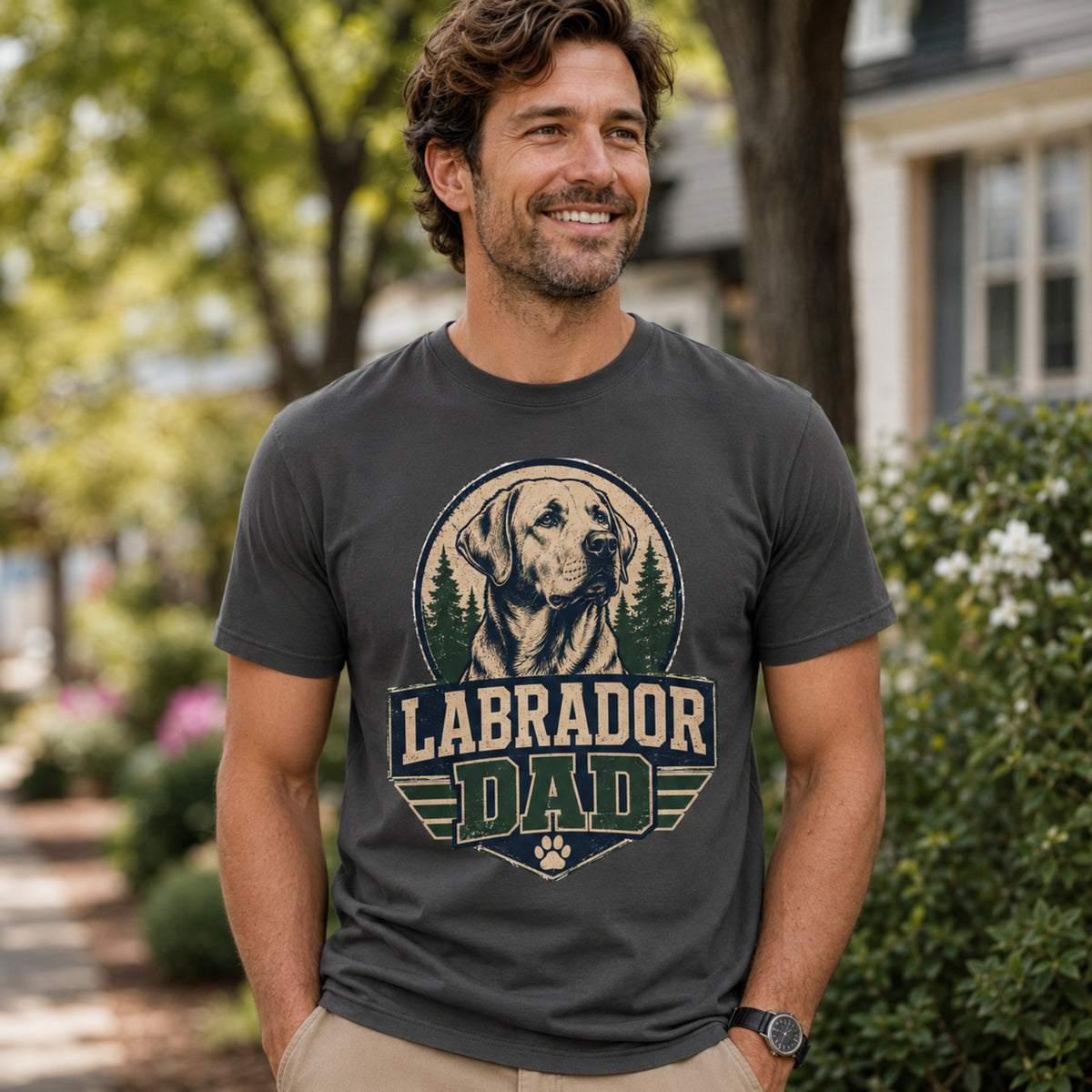 Man wearing a graphite “Labrador Dad” T-shirt outdoors in a front yard lifestyle scene.