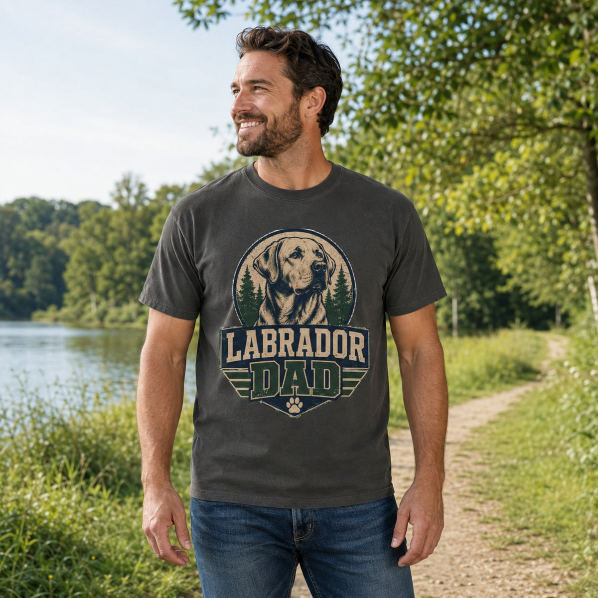 Man wearing a graphite “Labrador Dad” T-shirt while walking on a nature trail.