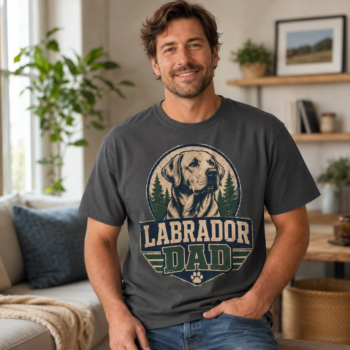 Man wearing a graphite “Labrador Dad” T-shirt in a cozy indoor sofa room setting.