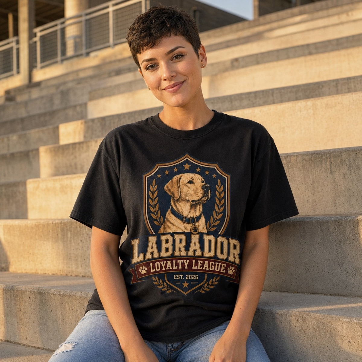 Model wearing a black Labrador Loyalty League t-shirt with a Labrador in a lifestyle scene