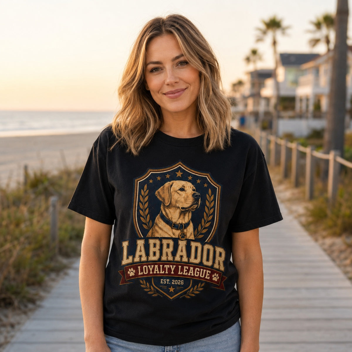Model wearing a black Labrador Loyalty League t-shirt with a Labrador in a lifestyle scene