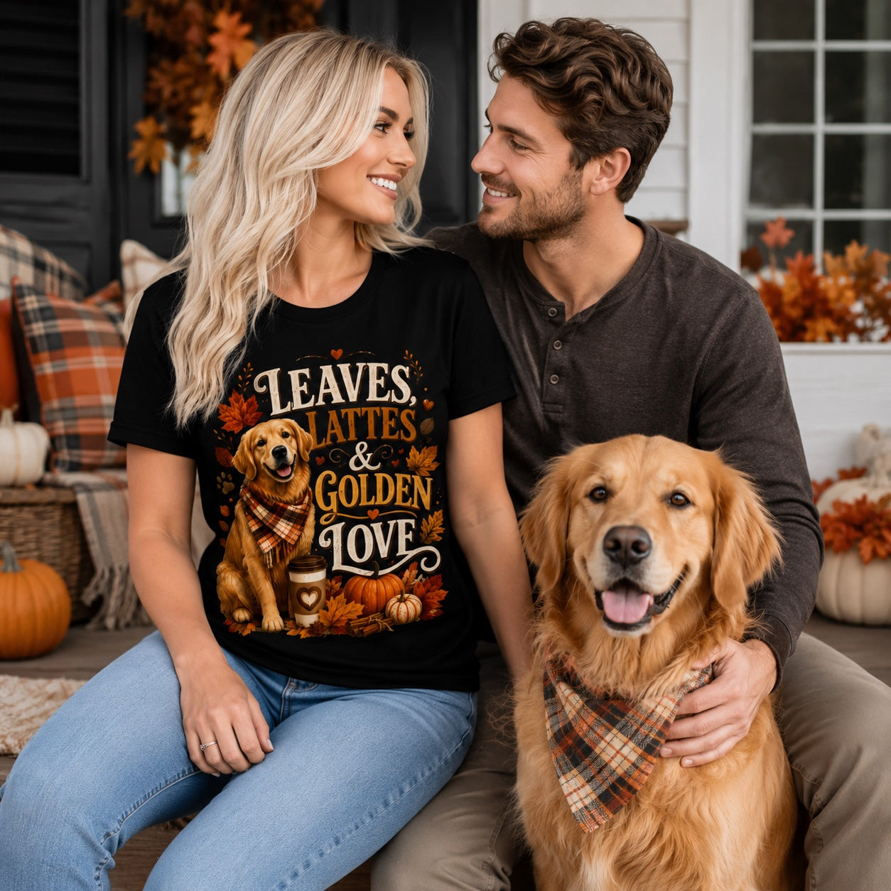 Couple sitting together with their golden retriever, wearing black 'Leaves Lattes & Golden Love' t-shirts