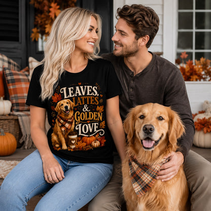 Couple sitting together with their golden retriever, wearing black 'Leaves Lattes & Golden Love' t-shirts