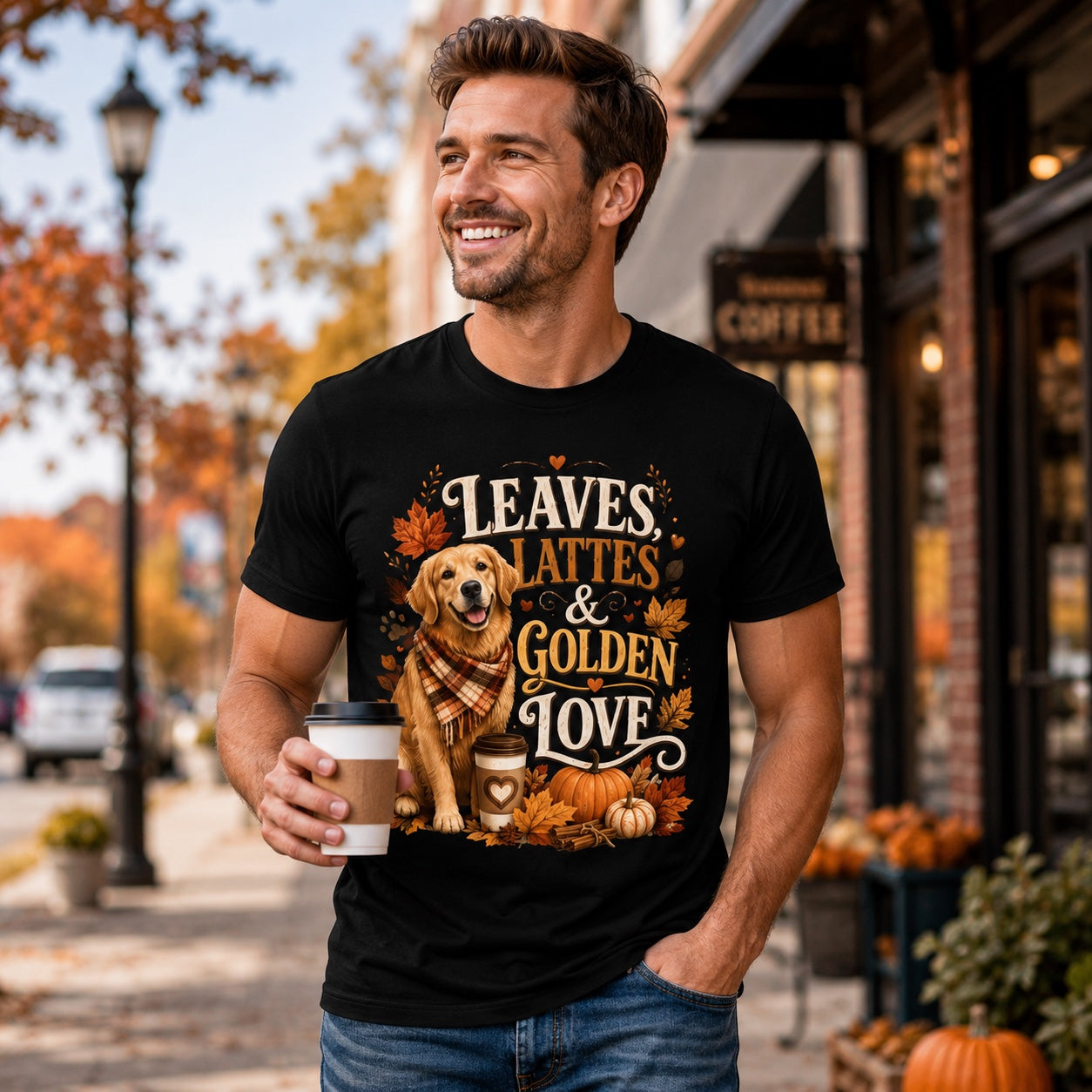 Man holding a coffee cup on a fall street, wearing black 'Leaves Lattes & Golden Love' t-shirt