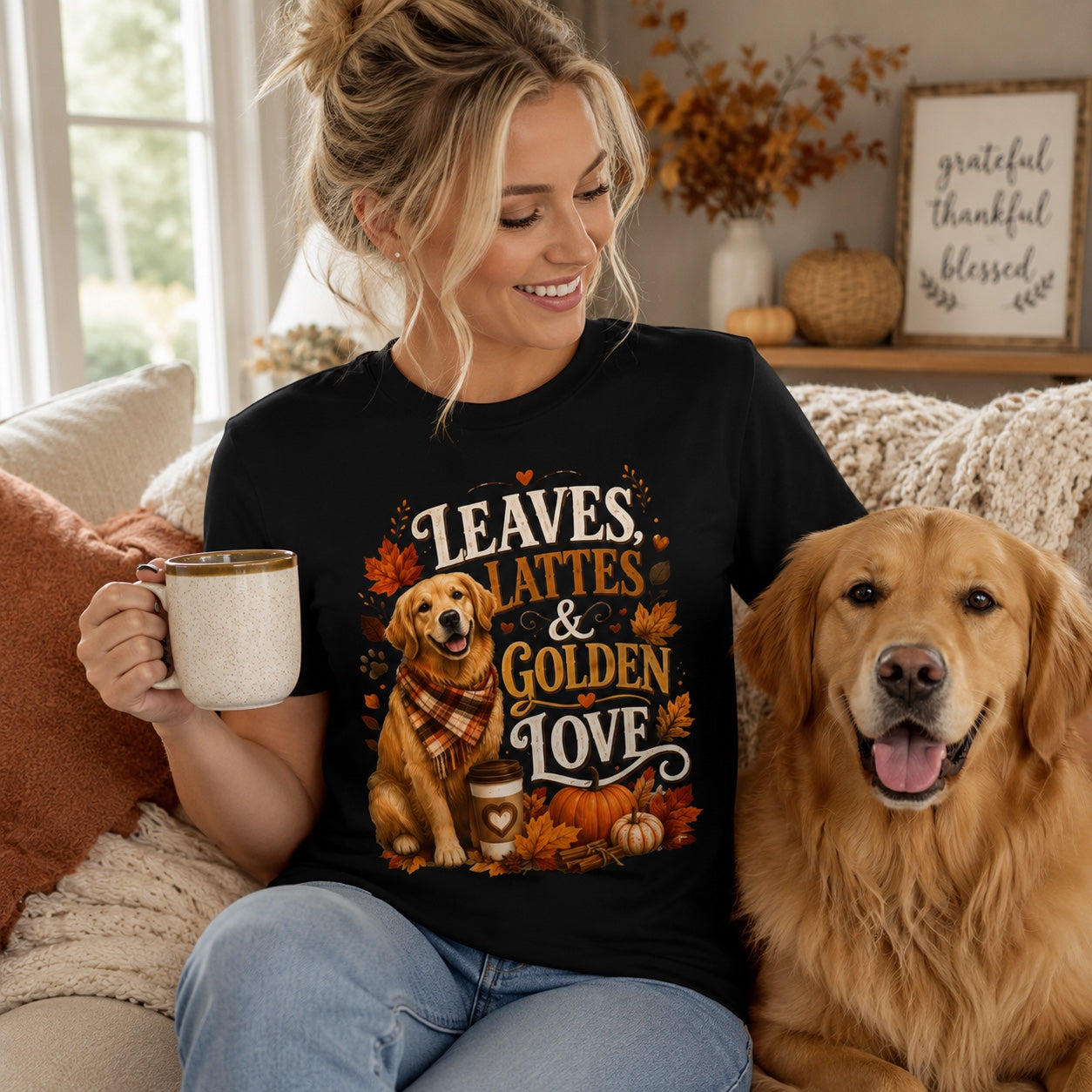 Woman sitting on a couch with her golden retriever and a mug, wearing black 'Leaves Lattes & Golden Love' t-shirt