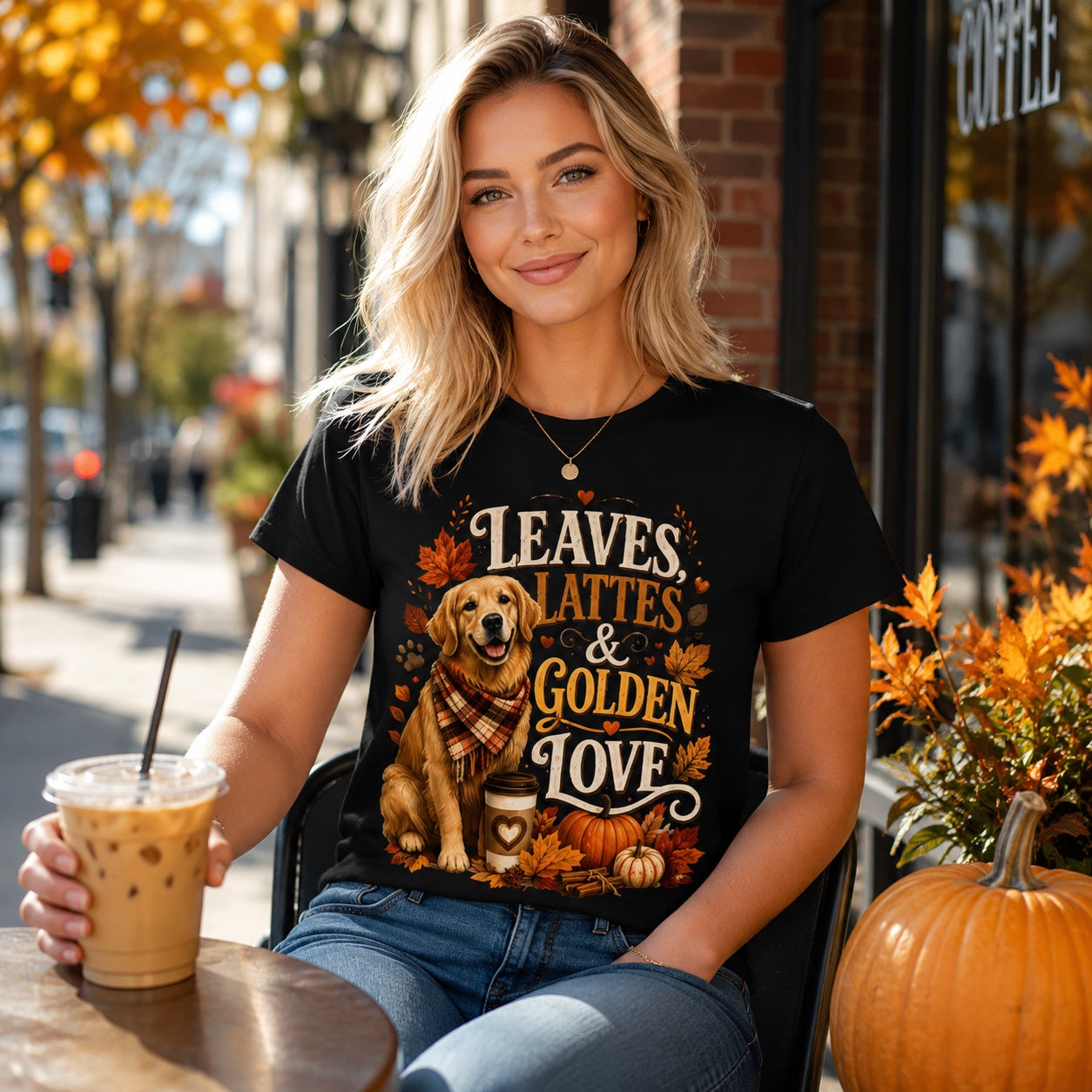 Woman sitting at an outdoor cafe table with iced coffee, wearing black 'Leaves Lattes & Golden Love' t-shirt