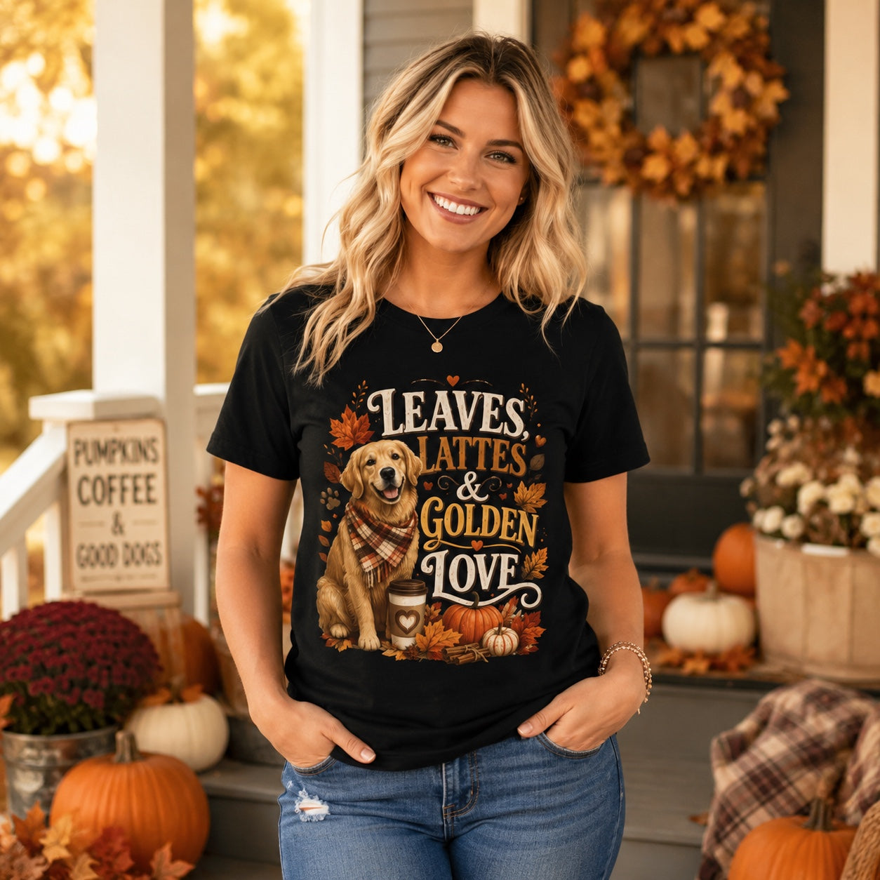 Woman smiling on a fall-decorated porch, wearing black 'Leaves Lattes & Golden Love' t-shirt