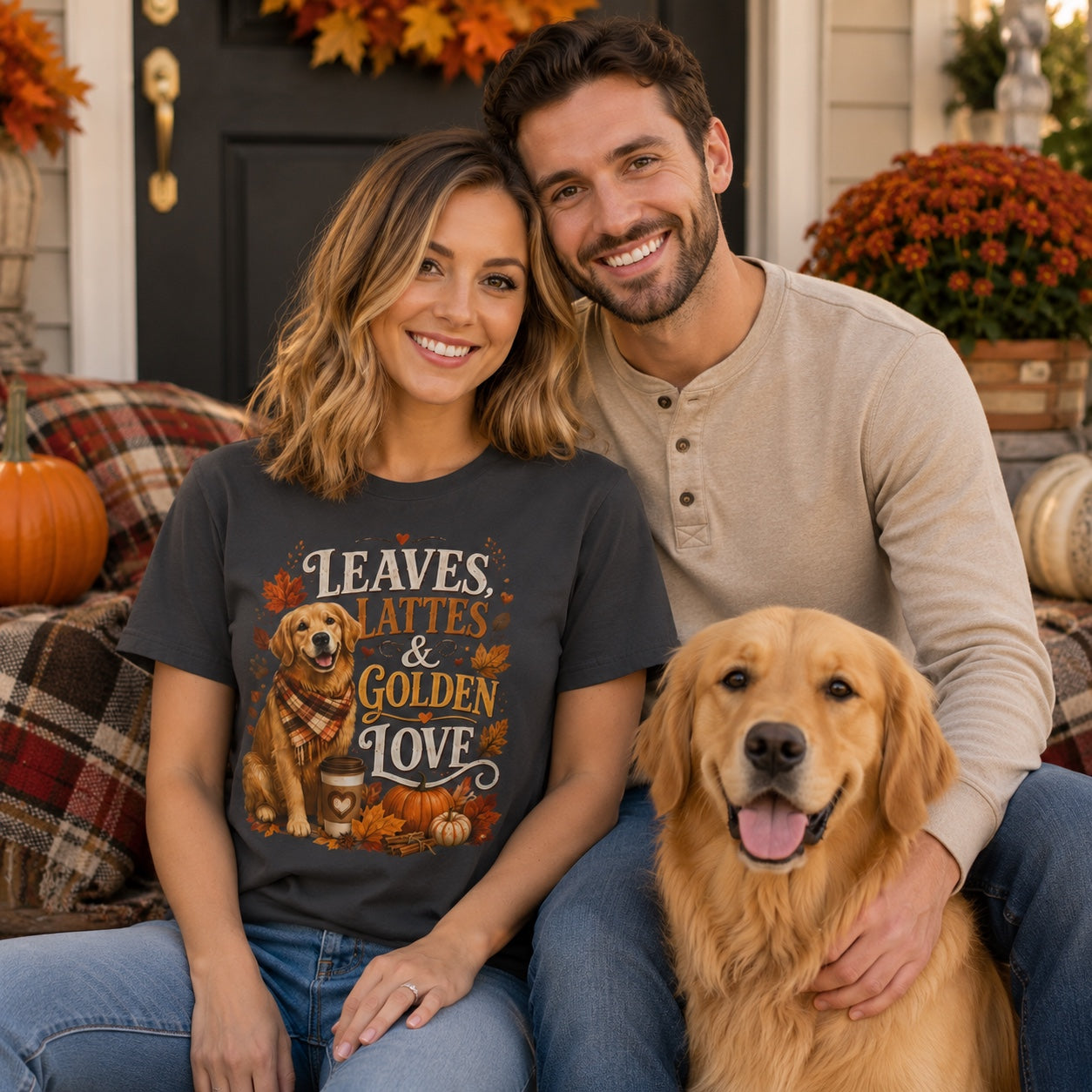Couple sitting together with their golden retriever, wearing graphite 'Leaves Lattes & Golden Love' t-shirts