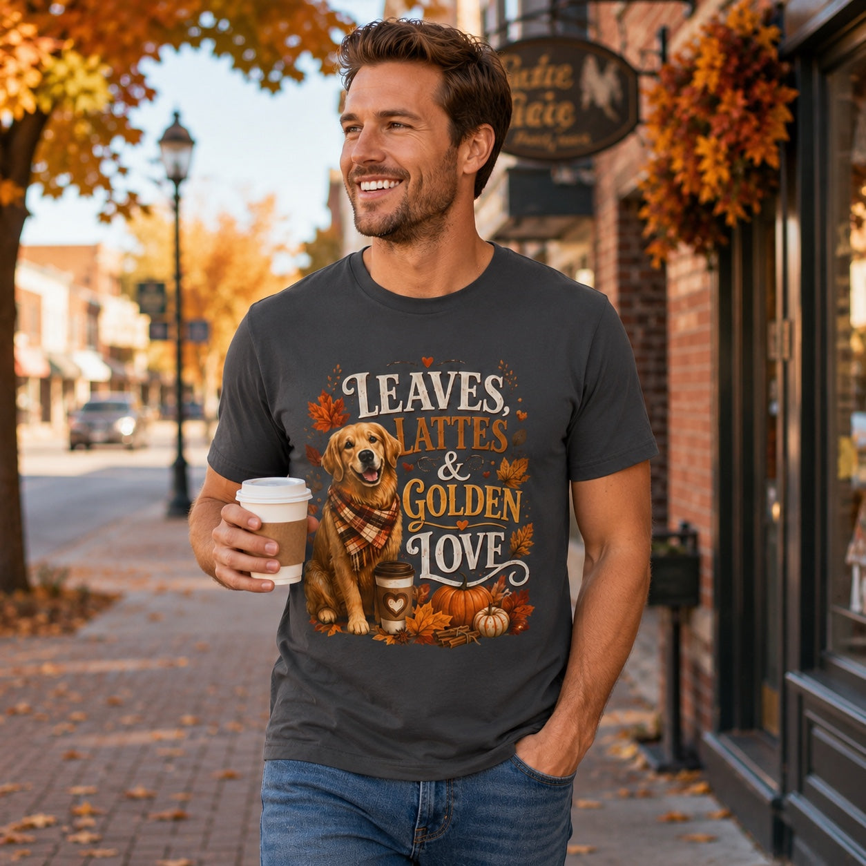 Man holding a coffee cup on a fall street, wearing graphite 'Leaves Lattes & Golden Love' t-shirt