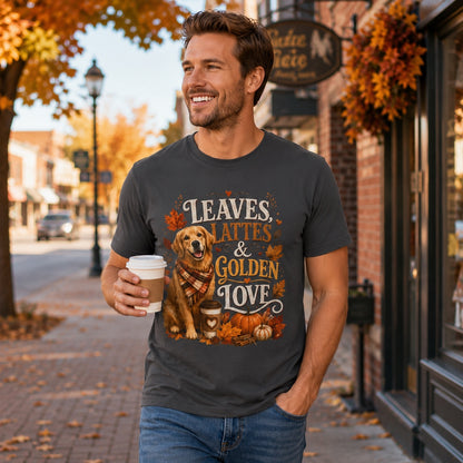 Man holding a coffee cup on a fall street, wearing graphite 'Leaves Lattes & Golden Love' t-shirt