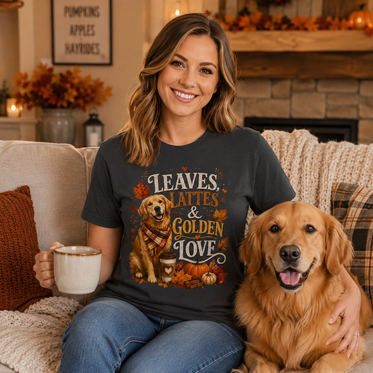 Woman sitting on a couch with her golden retriever and a mug, wearing graphite 'Leaves Lattes & Golden Love' t-shirt
