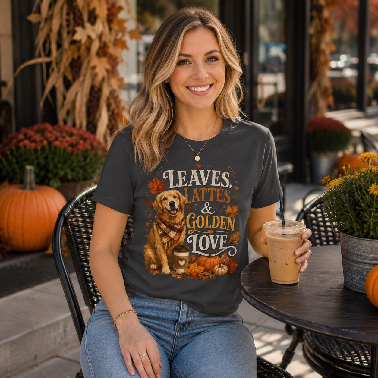 Woman sitting at an outdoor cafe table with iced coffee, wearing graphite 'Leaves Lattes & Golden Love' t-shirt