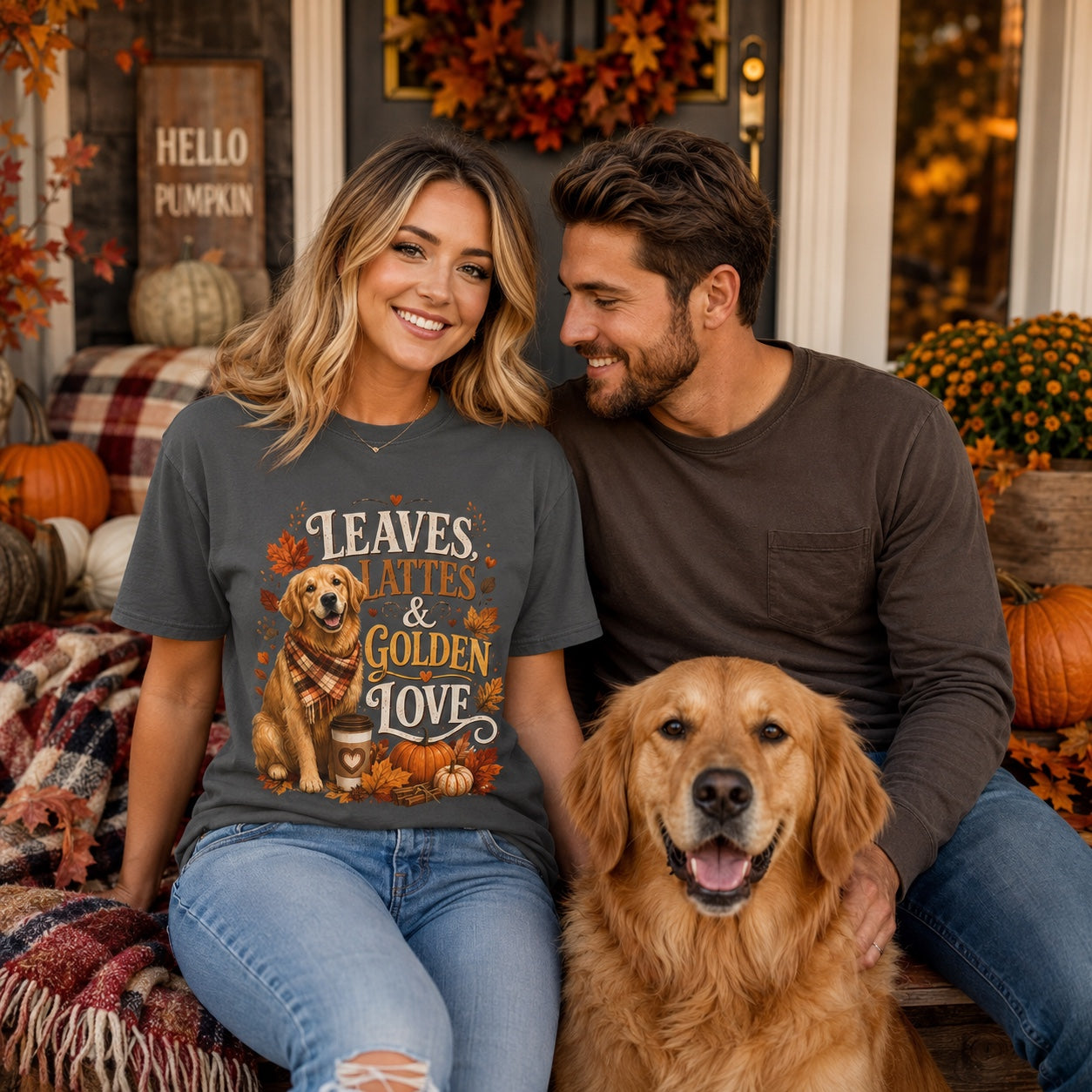 Couple sitting together with their golden retriever, wearing pepper 'Leaves Lattes & Golden Love' t-shirts