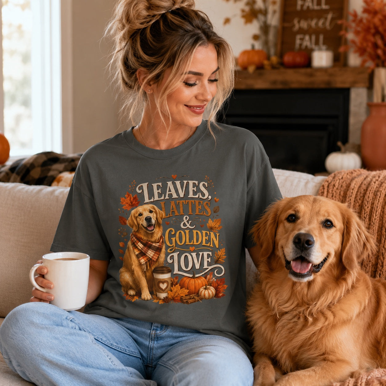 Woman sitting on a couch with her golden retriever and a mug, wearing pepper 'Leaves Lattes & Golden Love' t-shirt