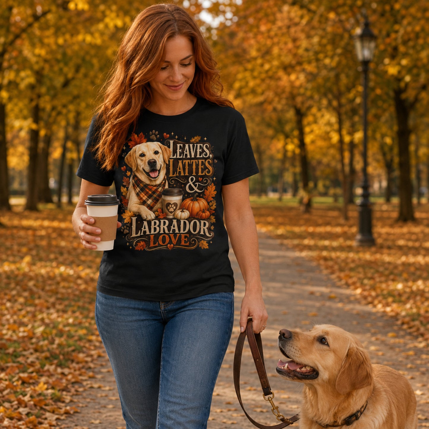Model wearing a black Leaves Lattes & Labrador Love t-shirt with a Labrador in an autumn scene