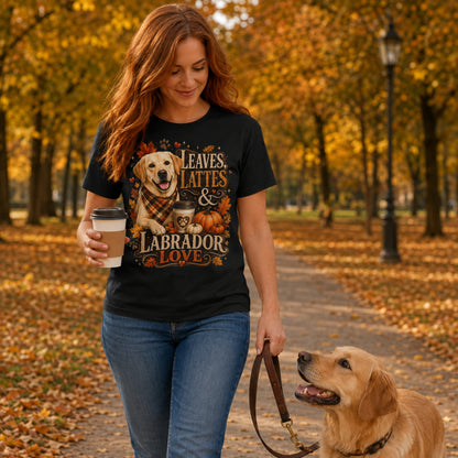 Model wearing a black Leaves Lattes & Labrador Love t-shirt with a Labrador in an autumn scene