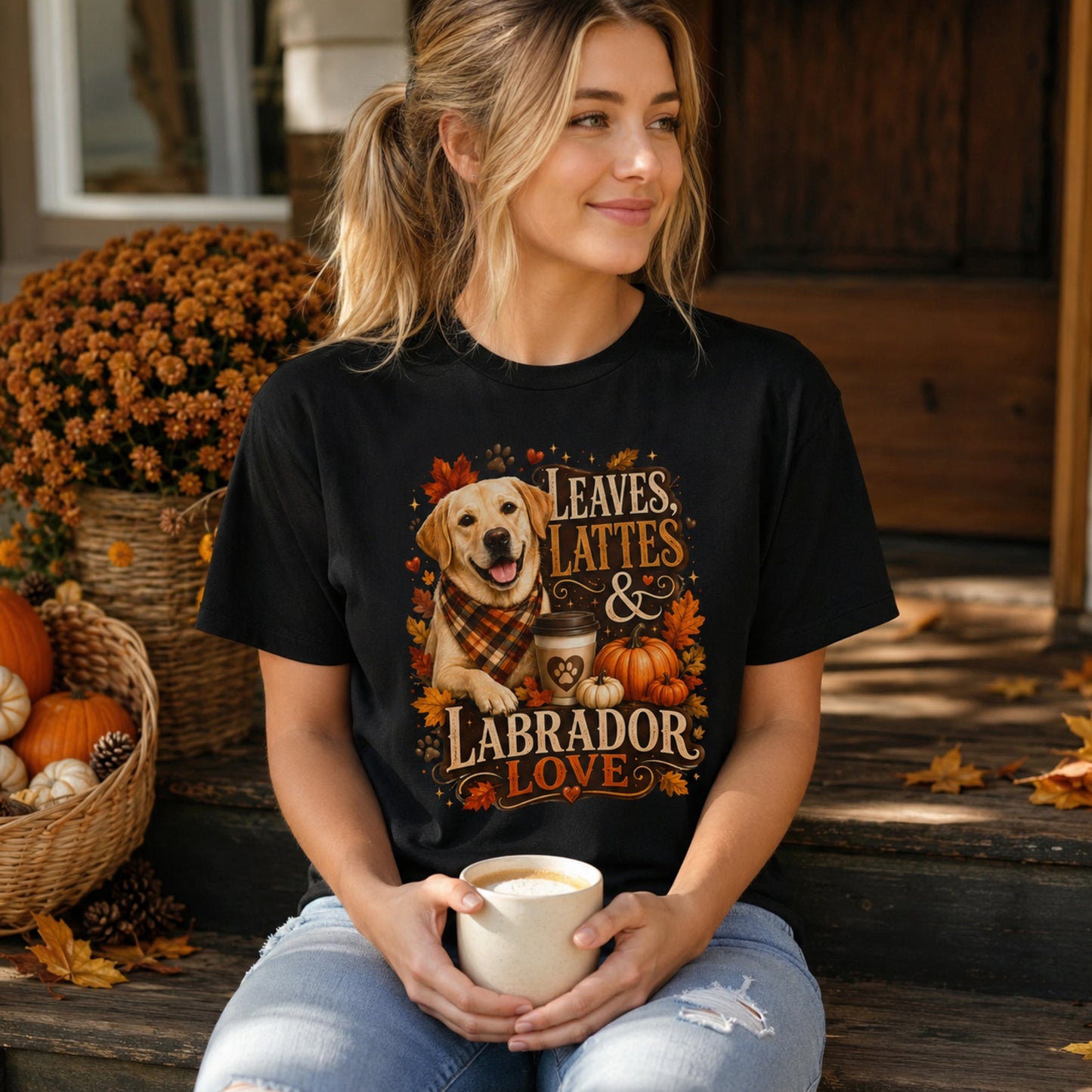 Model wearing a black Leaves Lattes & Labrador Love t-shirt with a Labrador in an autumn scene