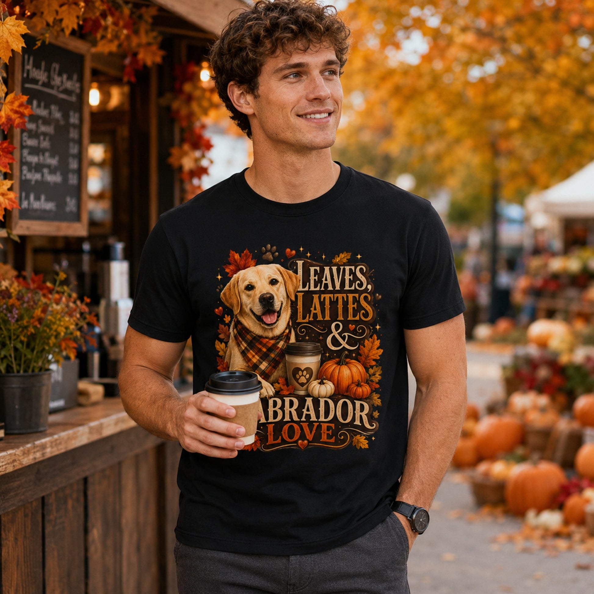 Model wearing a black Leaves Lattes & Labrador Love t-shirt with a Labrador in an autumn scene