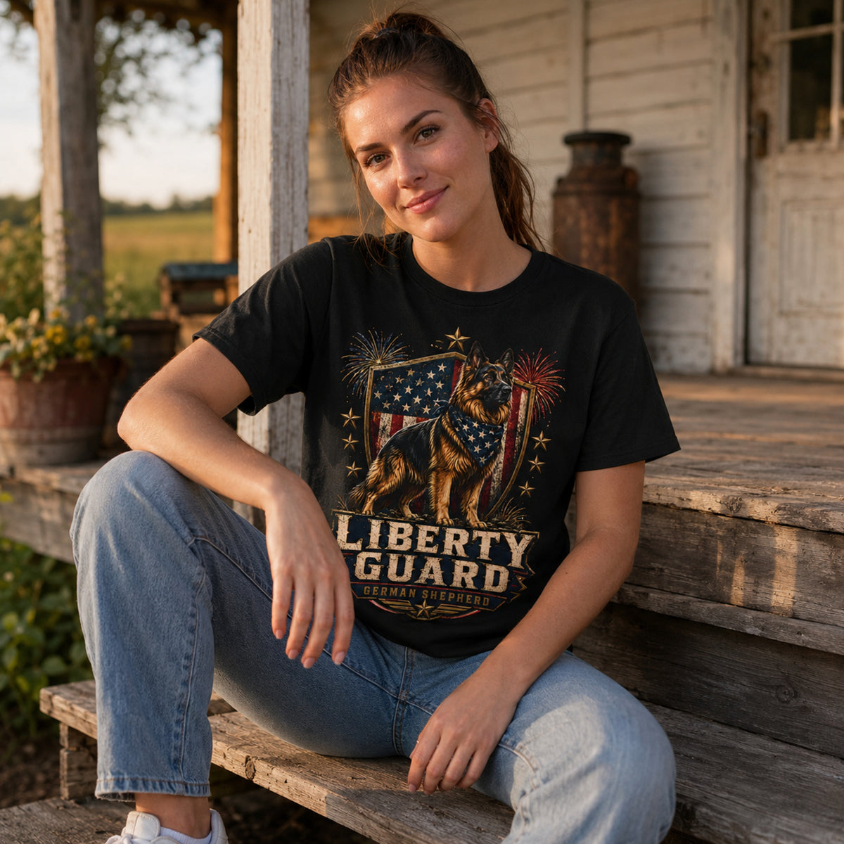 Woman wearing a black Liberty Guard German Shepherd T-shirt while sitting casually on a porch.