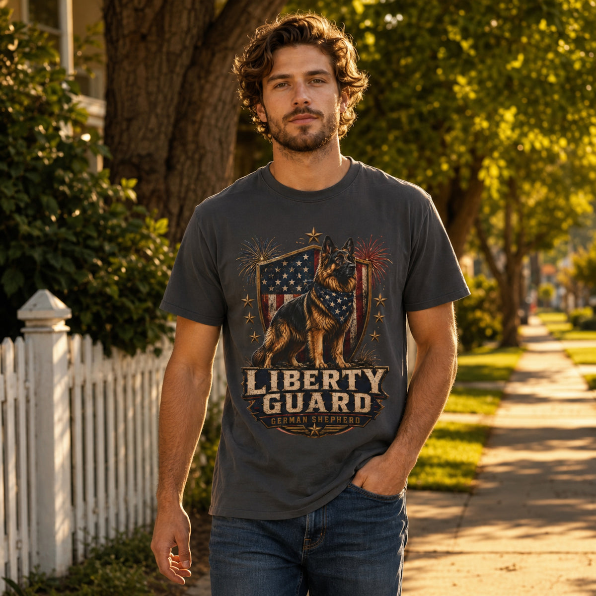 Man wearing a graphite Liberty Guard German Shepherd T-shirt in a sunny neighborhood lifestyle scene.