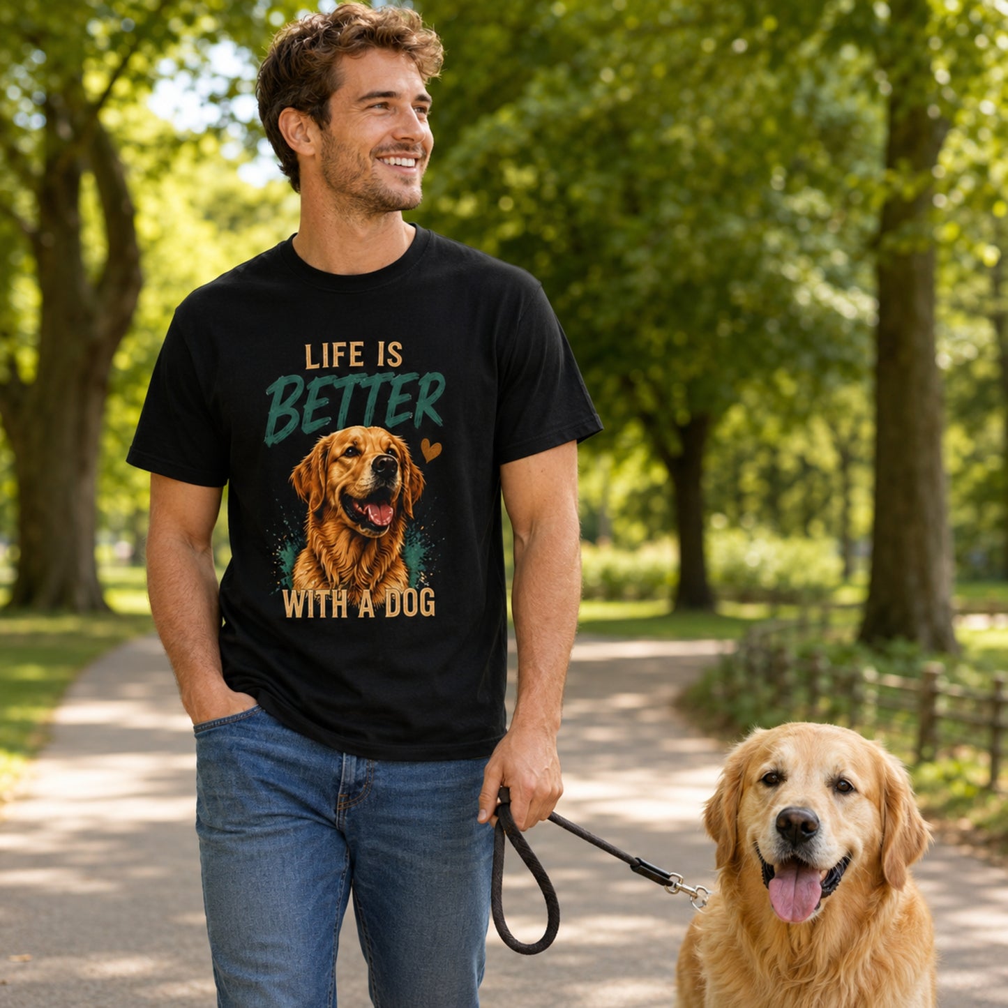Man wearing a black Life Is Better With A Dog T-shirt while walking in a park with a golden retriever.