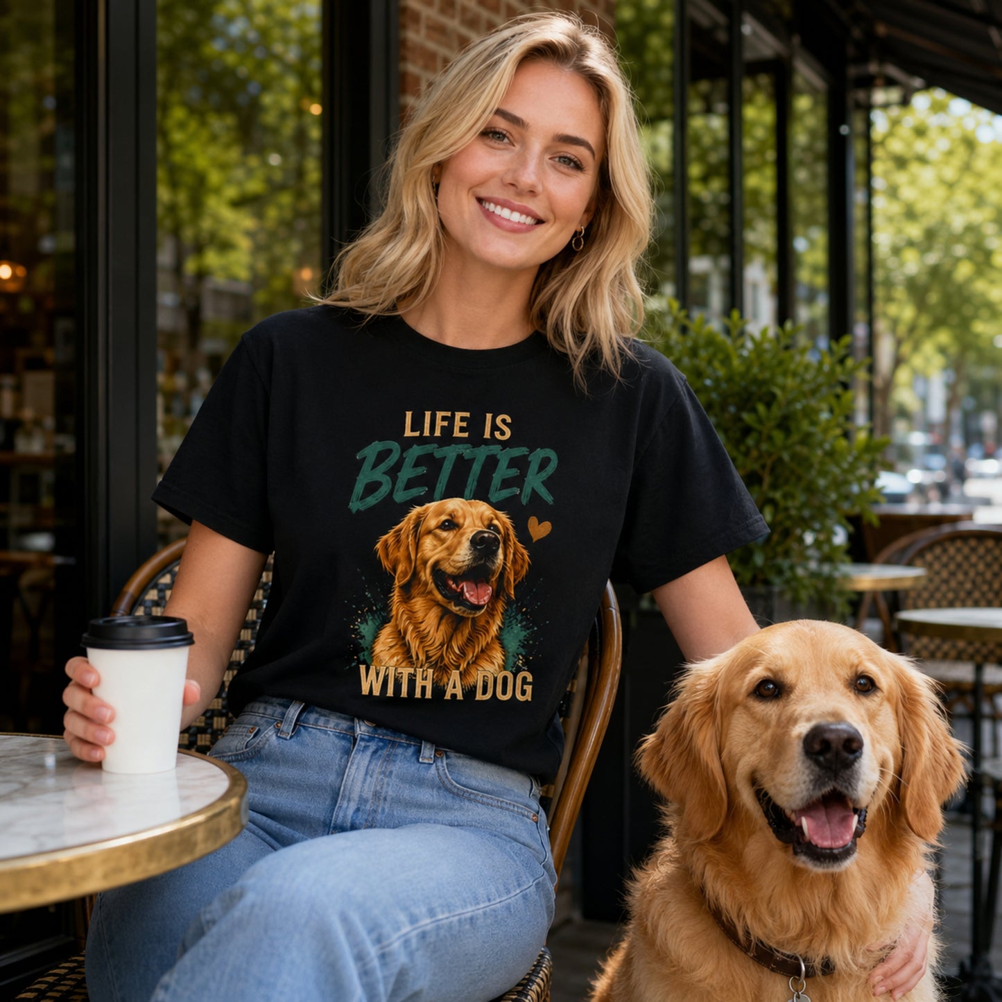 Woman wearing a black Life Is Better With A Dog T-shirt while sitting at a coffee shop with a golden retriever.