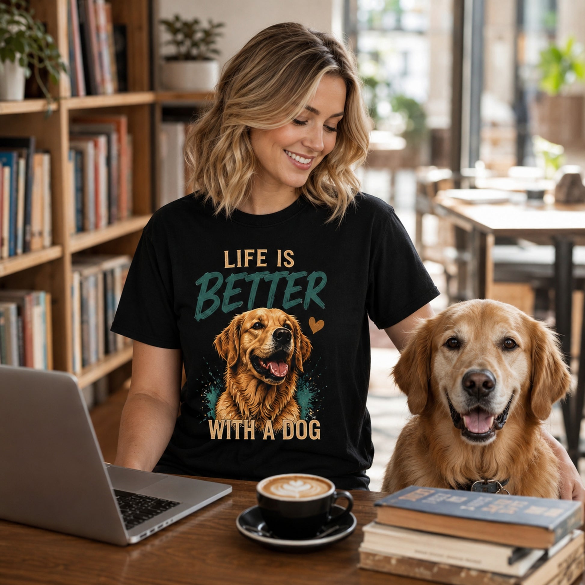 Woman wearing a black Life Is Better With A Dog T-shirt at a table with a laptop, coffee, books, and a golden retriever.