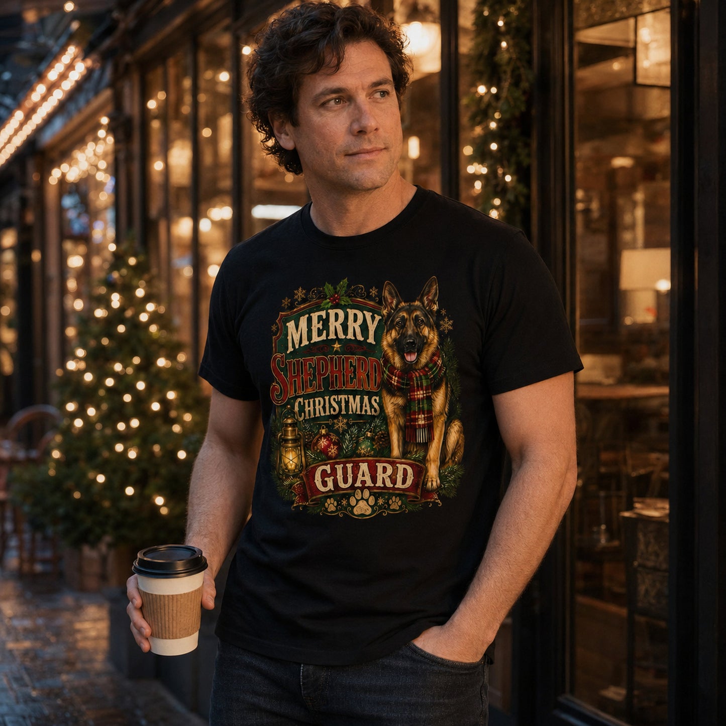 Man holding coffee outside a festive city cafe, wearing black 'Merry Shepherd Christmas Guard' t-shirt