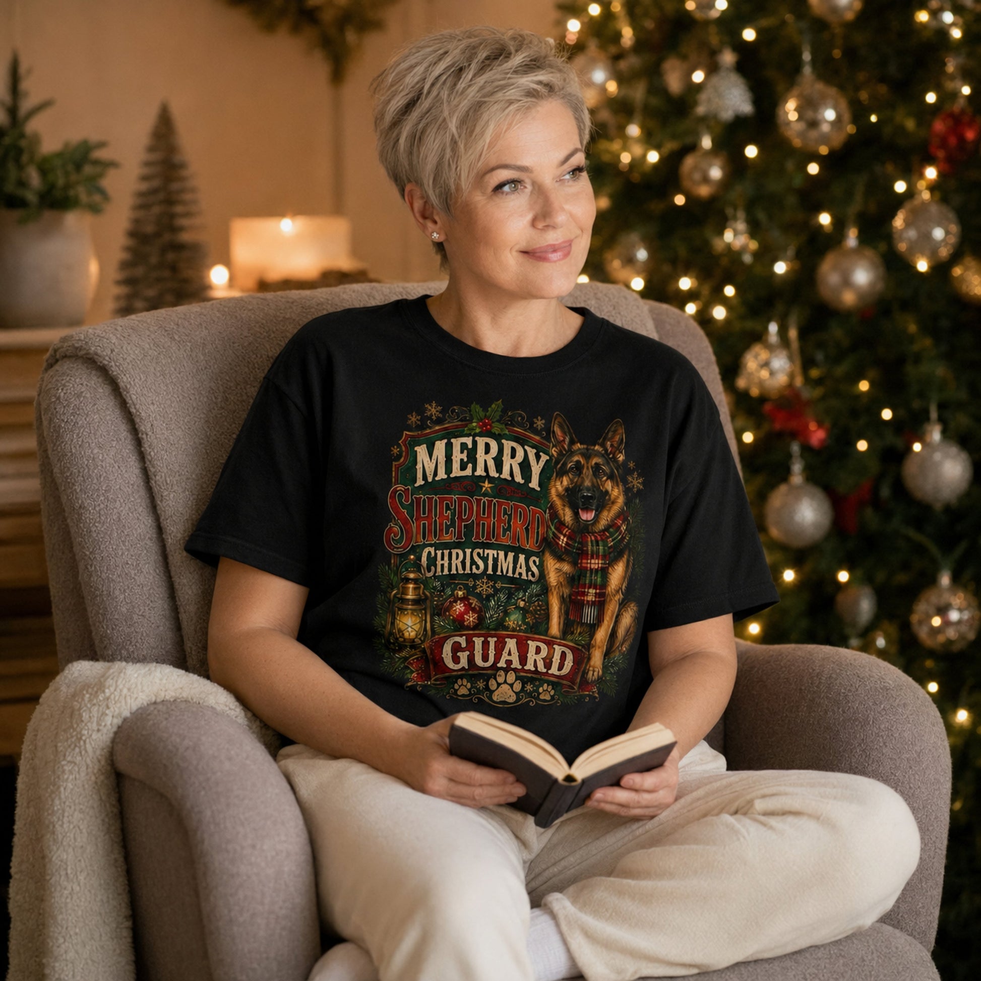 Woman reading a book in a cozy armchair by the Christmas tree, wearing black 'Merry Shepherd Christmas Guard' t-shirt