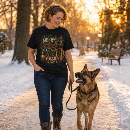 Woman walking her German Shepherd on a snowy path at sunset, wearing black 'Merry Shepherd Christmas Guard' t-shirt