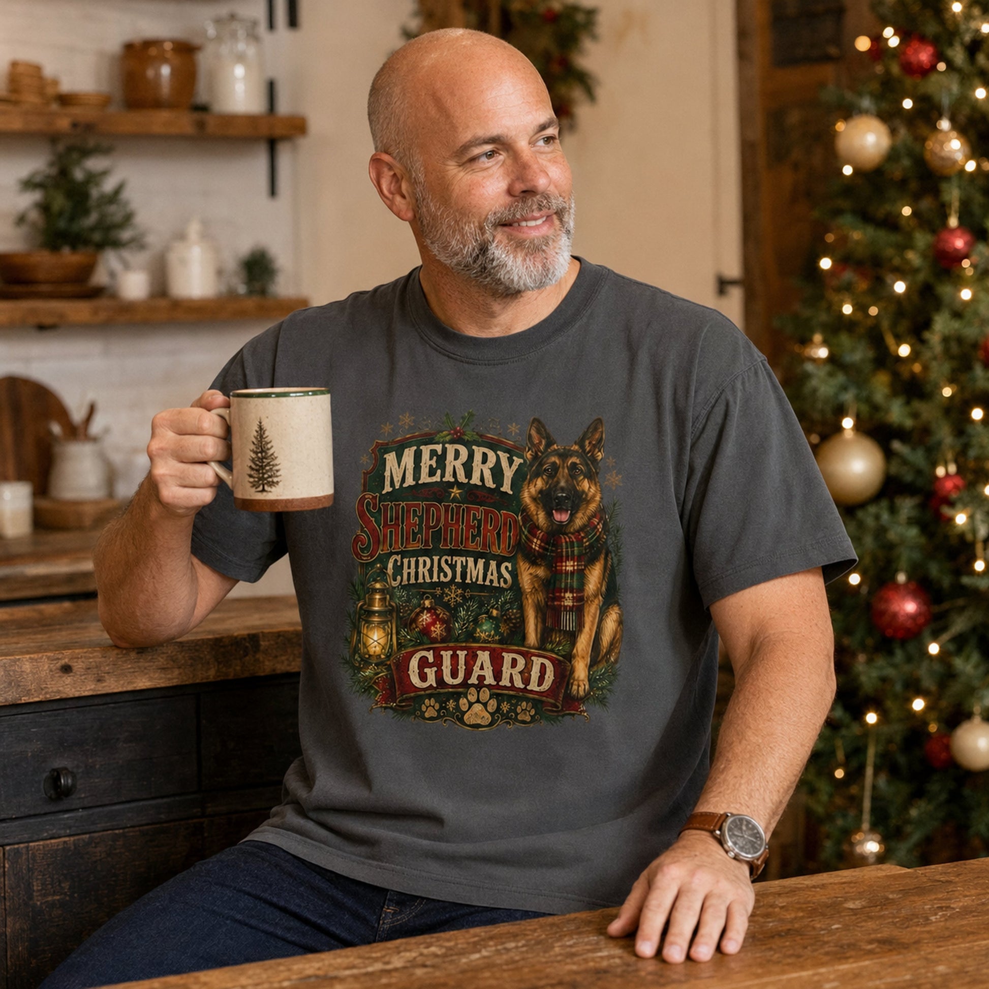 Man holding a mug at a rustic kitchen table, wearing graphite 'Merry Shepherd Christmas Guard' t-shirt