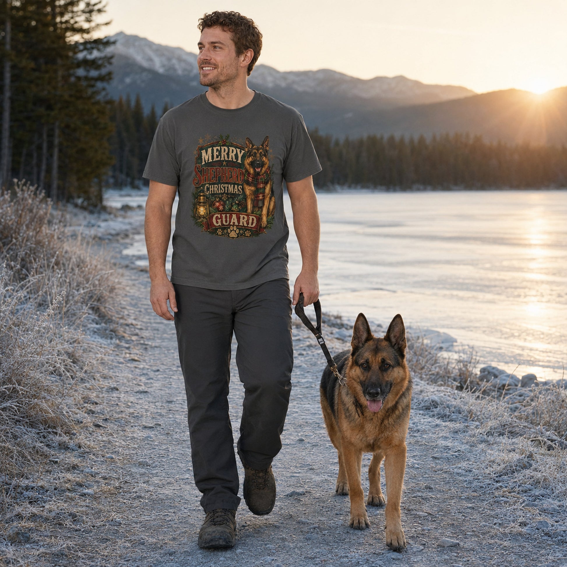 Man walking his German Shepherd along a frosty lakeside trail, wearing graphite 'Merry Shepherd Christmas Guard' t-shirt