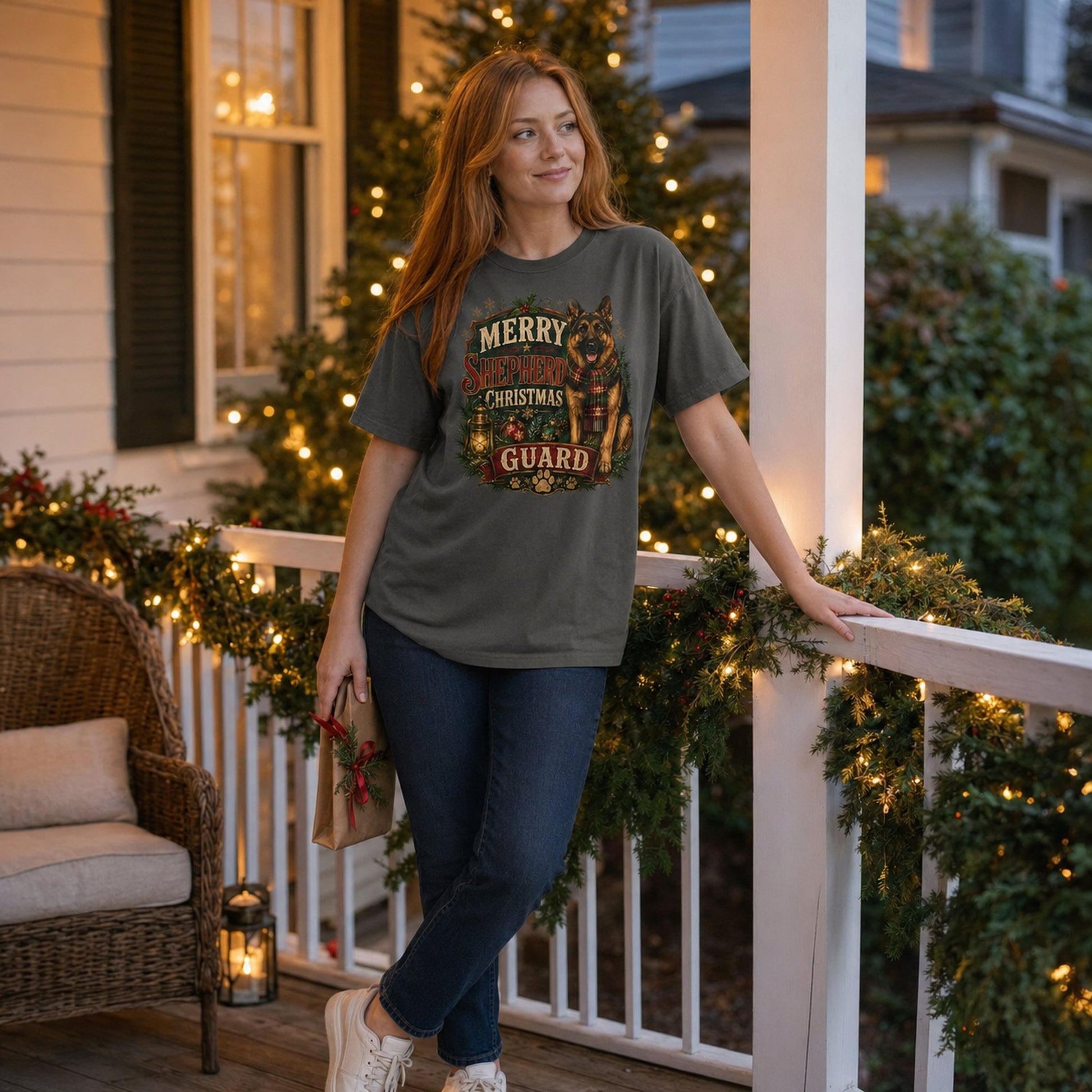 Woman leaning on a garland-decorated porch railing, wearing graphite 'Merry Shepherd Christmas Guard' t-shirt