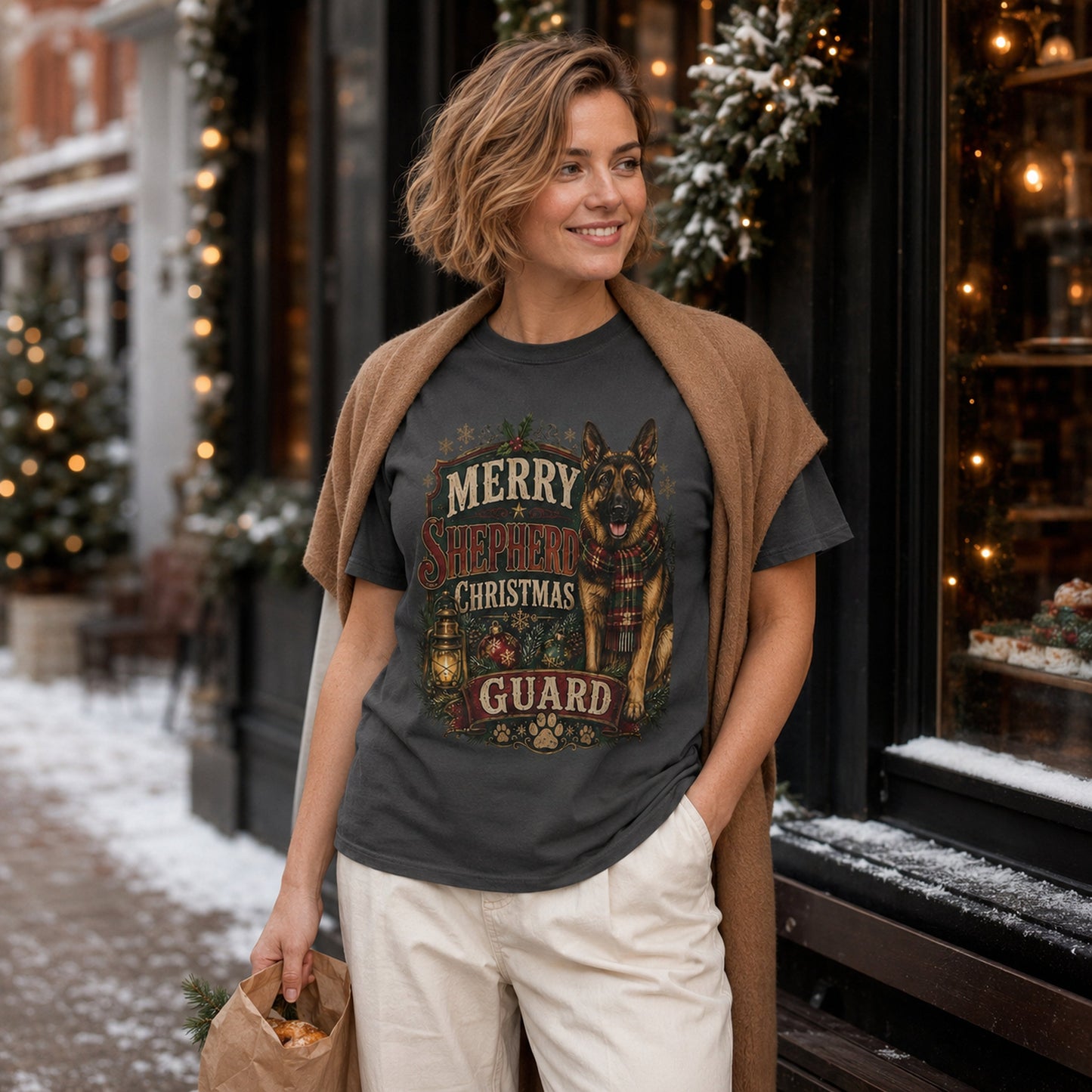 Woman standing by a window near a lit Christmas tree, wearing graphite 'Merry Shepherd Christmas Guard' t-shirt