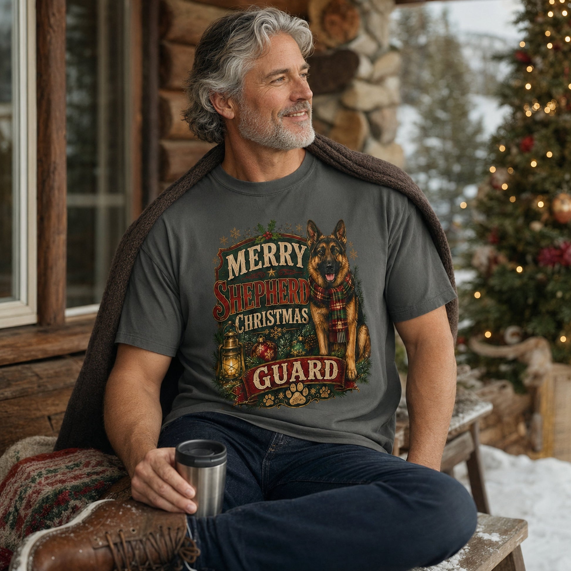 Man relaxing with a mug and blanket in a snowy lodge, wearing pepper 'Merry Shepherd Christmas Guard' t-shirt