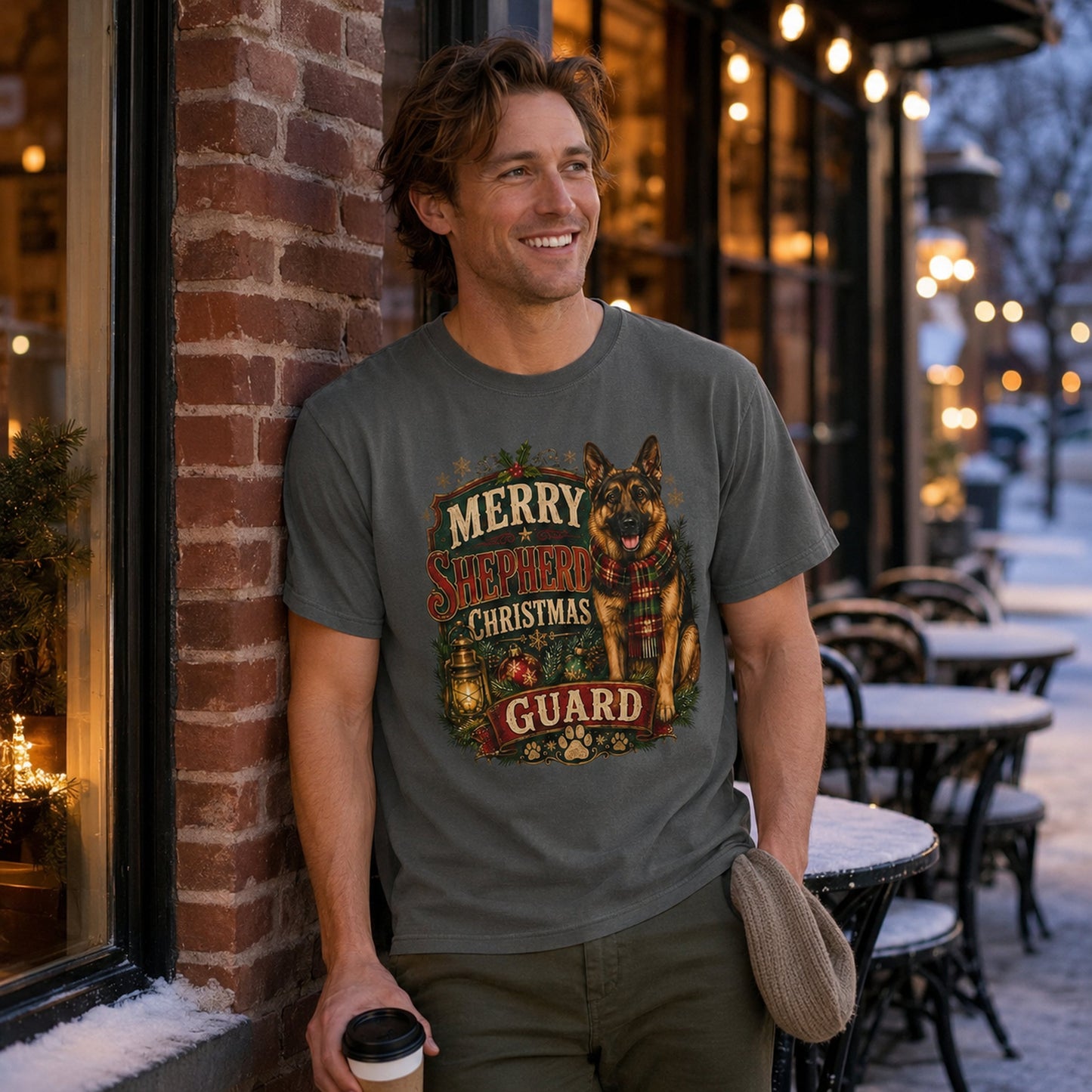 Man enjoying coffee in a cozy holiday cafe, wearing pepper 'Merry Shepherd Christmas Guard' t-shirt