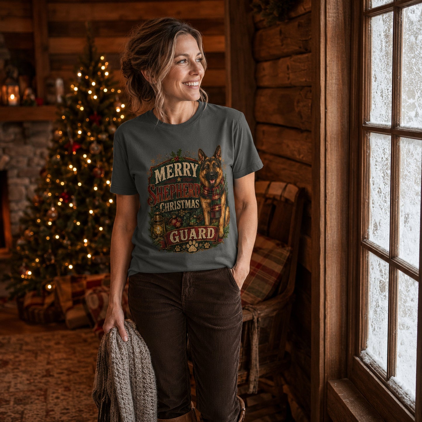 Woman in a cozy scarf strolling near festive shopfronts, wearing pepper 'Merry Shepherd Christmas Guard' t-shirt