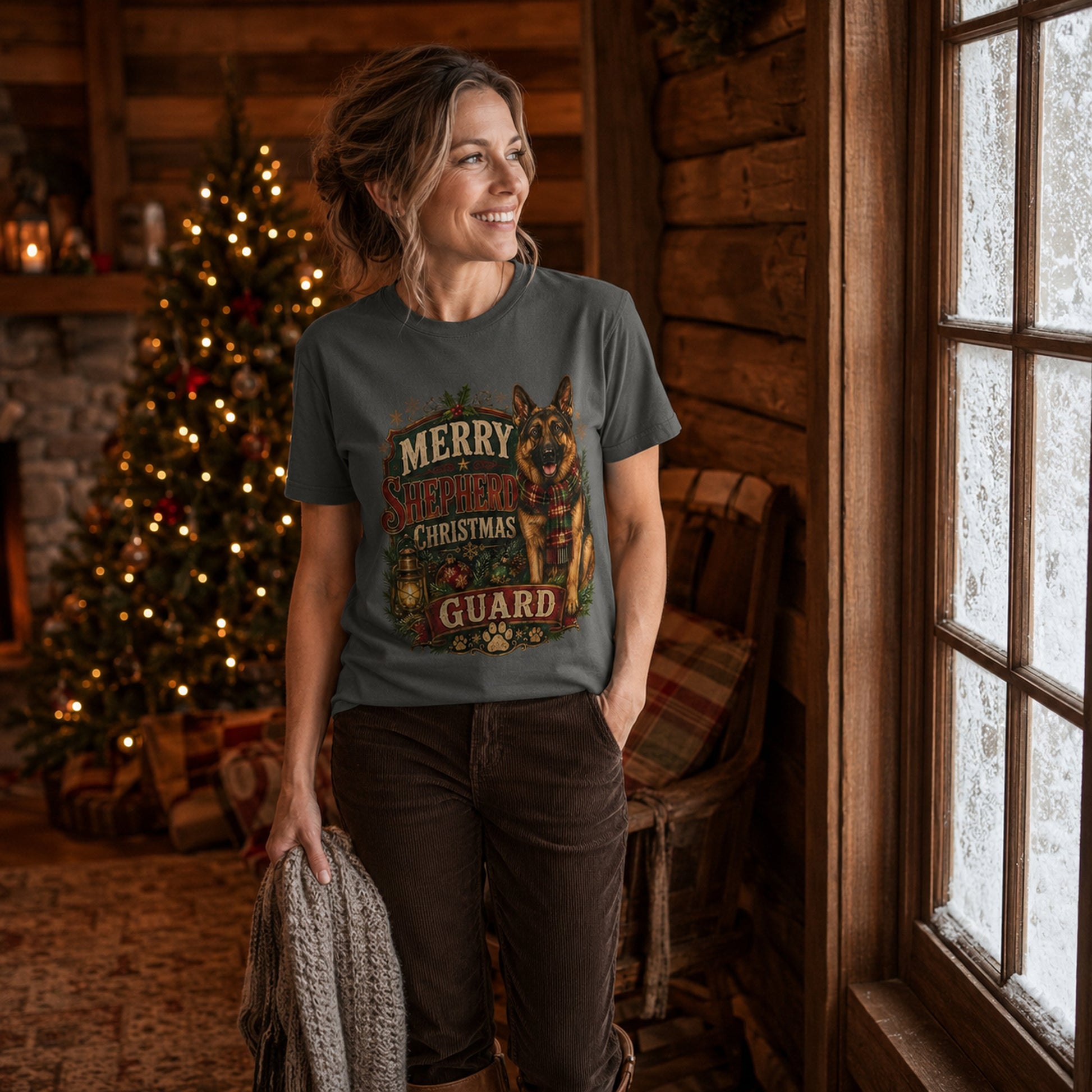 Woman in a cozy scarf strolling near festive shopfronts, wearing pepper 'Merry Shepherd Christmas Guard' t-shirt