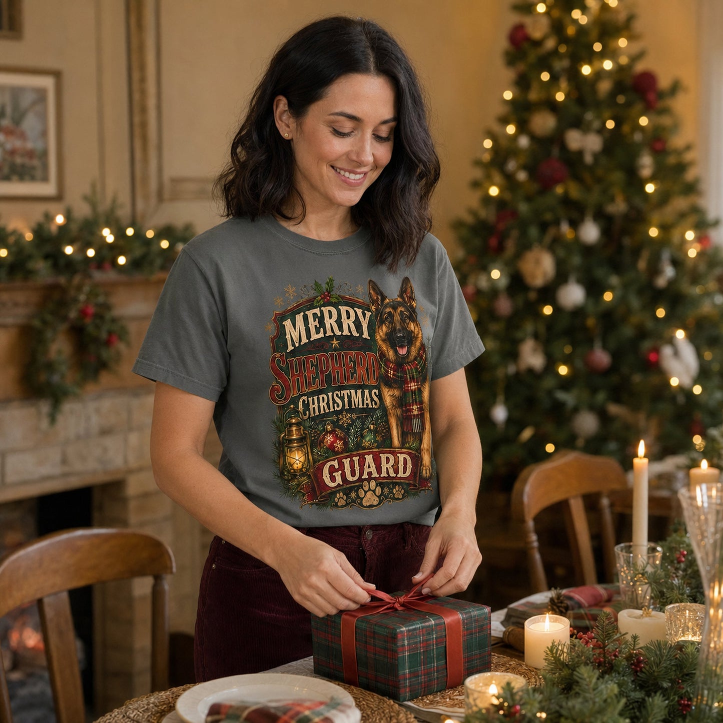 Woman wrapping a gift beside a decorated fireplace, wearing pepper 'Merry Shepherd Christmas Guard' t-shirt